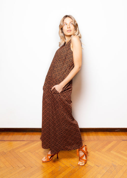 Abito jumpsuit smanicato di cotone con stampa geometrica minimal - NEEV008