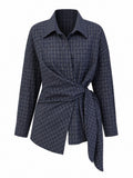 Grounded Plaid Tie-Waist Blouse
