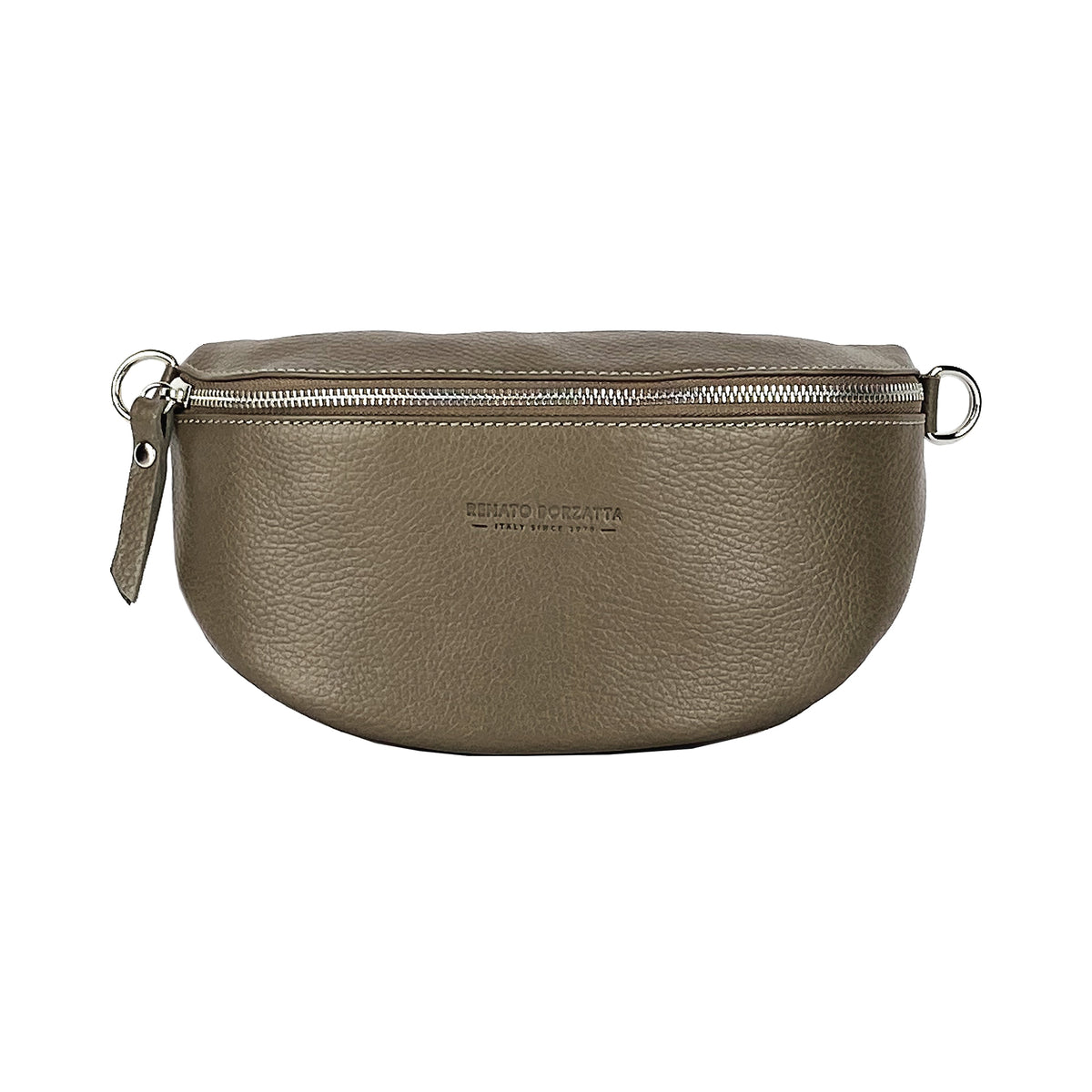 RB1015AQ | Fanny pack with removable shoulder strap in Genuine Leather Made in Italy. Polished Nickel metal snap hook attachments - Taupe color - Dimensions: 24 x 14 x 7