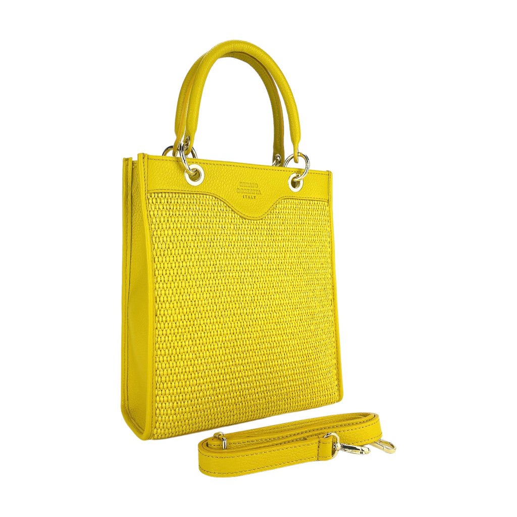 RB1026R | Women's upright hand bag in Genuine Leather and Straw Made in Italy. Removable and adjustable leather shoulder strap. Shiny Gold accessories - Yellow color - Dimensions: cm 24 x 29 x 9