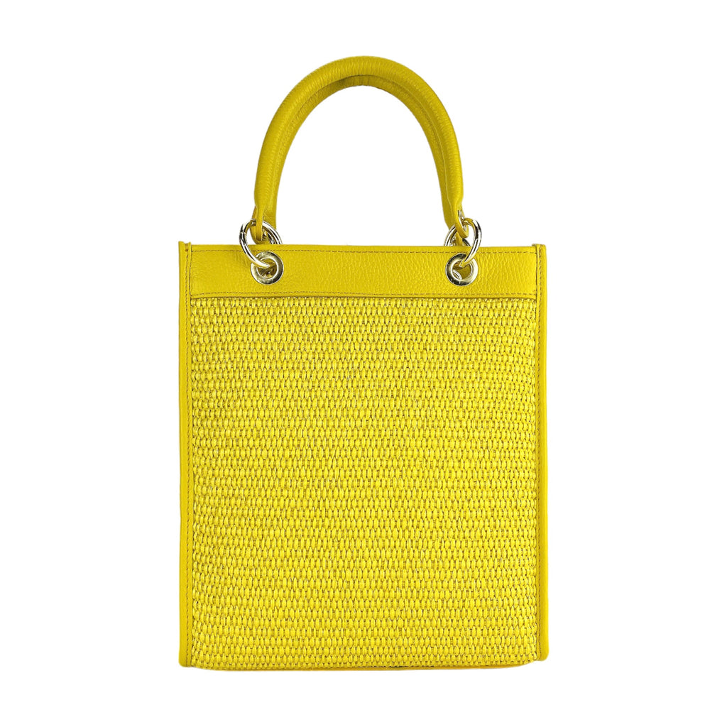 RB1026R | Women's upright hand bag in Genuine Leather and Straw Made in Italy. Removable and adjustable leather shoulder strap. Shiny Gold accessories - Yellow color - Dimensions: cm 24 x 29 x 9