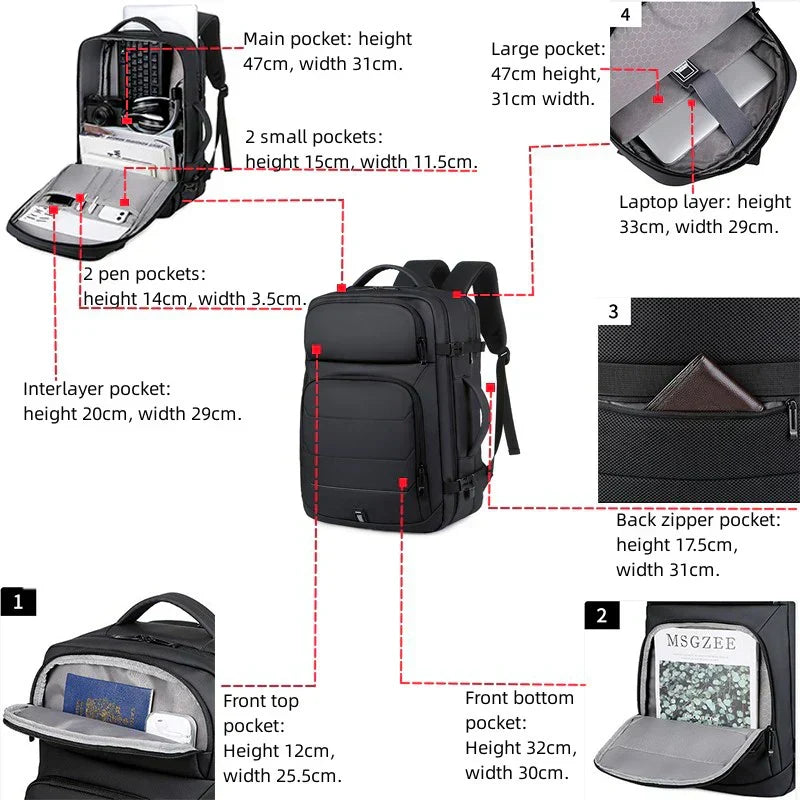 Expandable 17-Inch Laptop Backpack for Men 11 Pockets Black