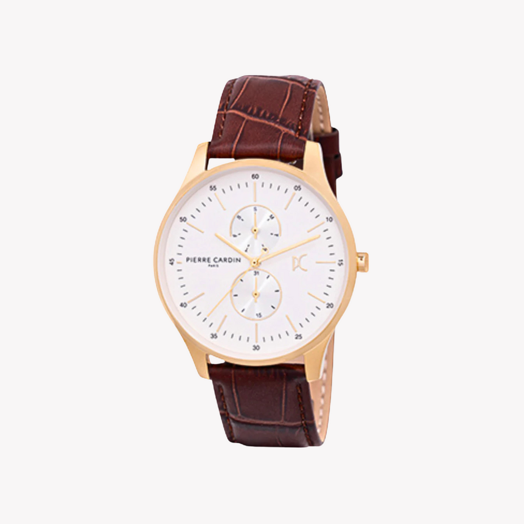 Pierre Cardin Men's Brown Leather Watch, White Dial | Cba.4031