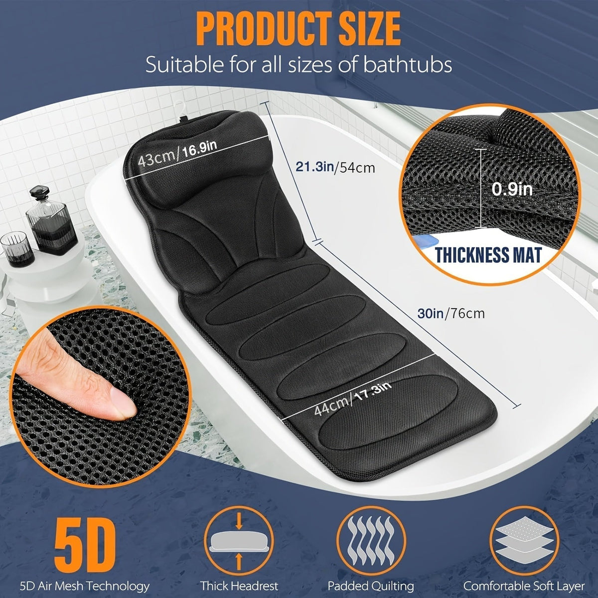 5D Mesh Bathtub Pillow Mat with Suction Cups