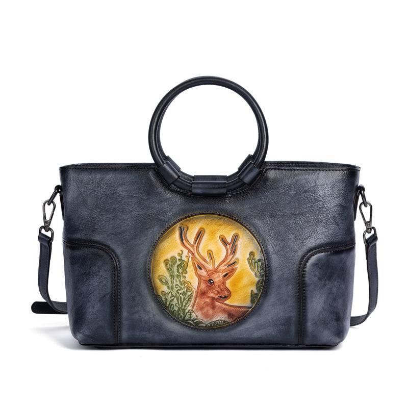 Rossie Viren Women's  Fashion Large Capacity Round Handle Vintage Leather Shoulder Tote Bag
