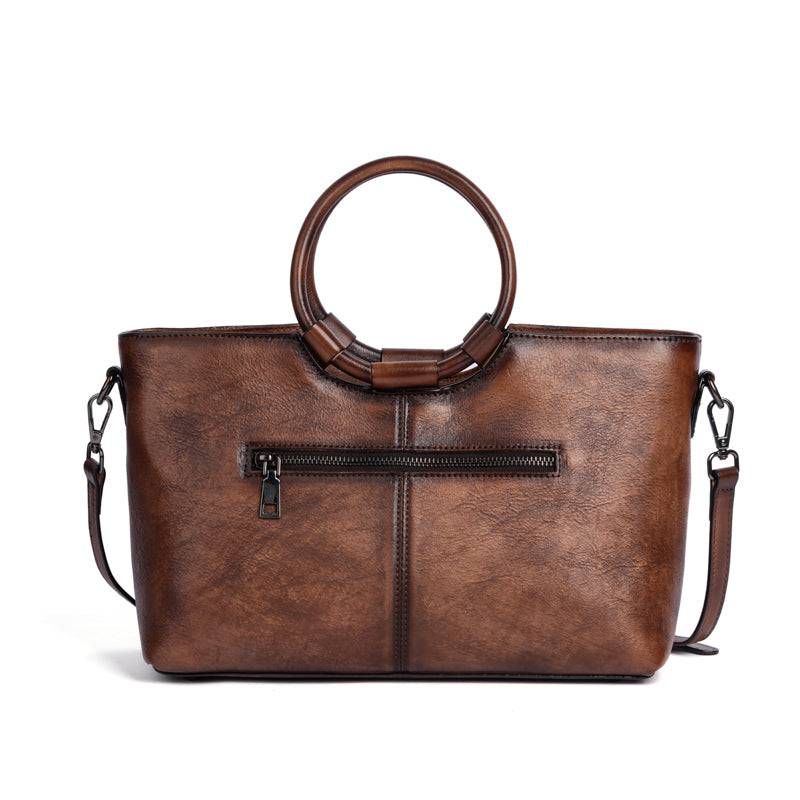 Rossie Viren Women's  Fashion Large Capacity Round Handle Vintage Leather Shoulder Tote Bag