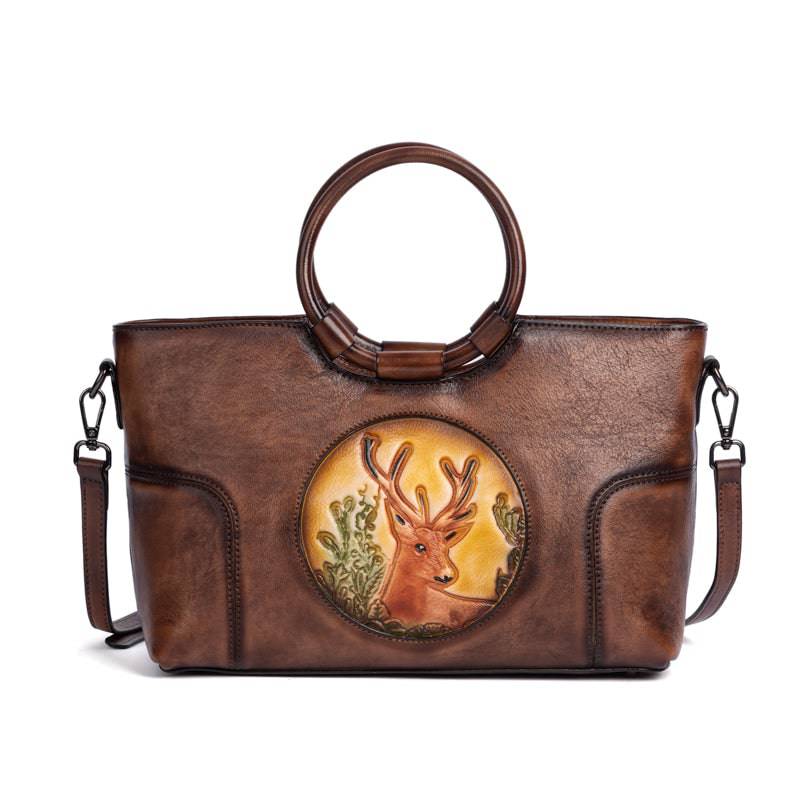 Rossie Viren Women's  Fashion Large Capacity Round Handle Vintage Leather Shoulder Tote Bag