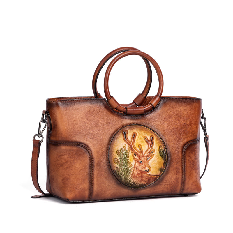 Rossie Viren Women's  Fashion Large Capacity Round Handle Vintage Leather Shoulder Tote Bag