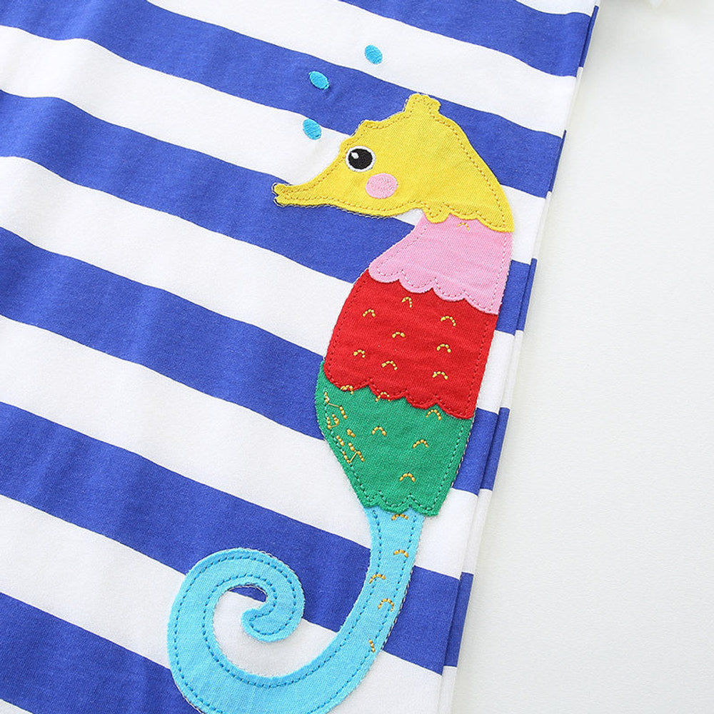 MyKids-USA® Baby Girls Cartoon Seahorses Pattern Short Sleeves Striped Dress