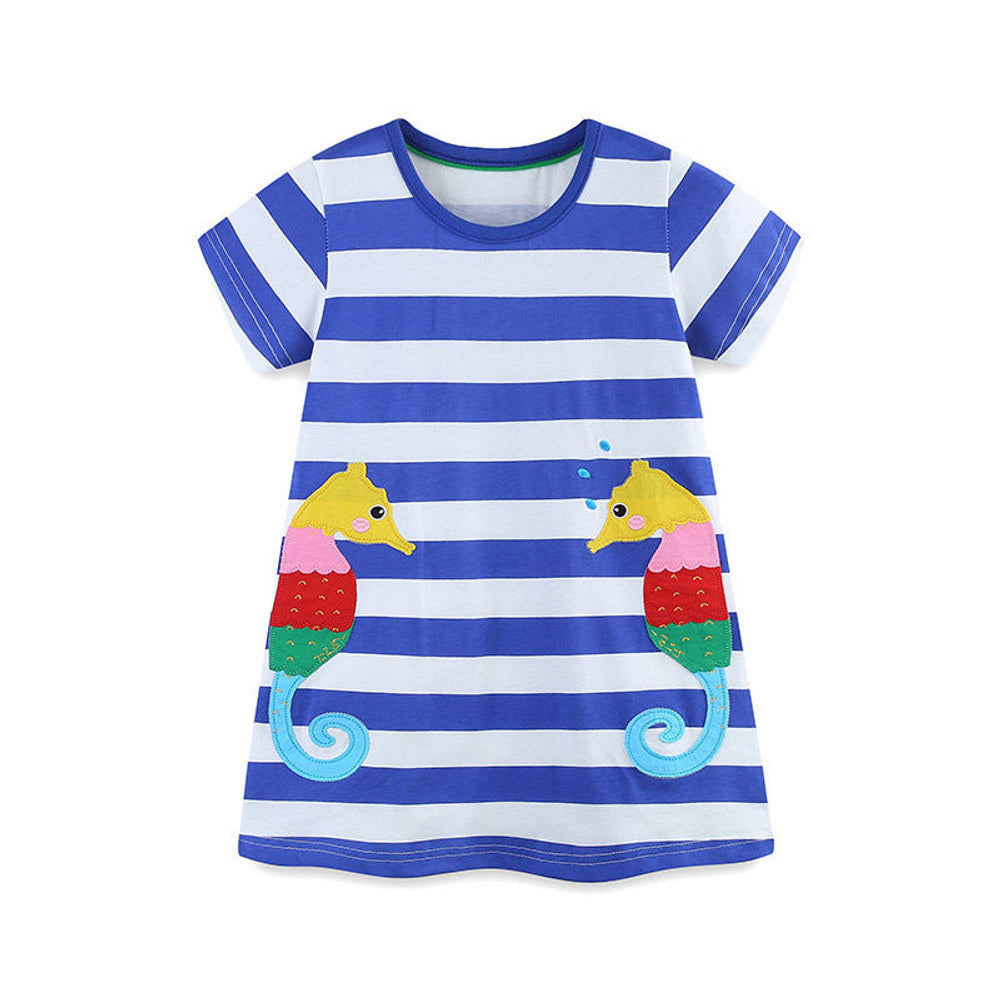 MyKids-USA® Baby Girls Cartoon Seahorses Pattern Short Sleeves Striped Dress